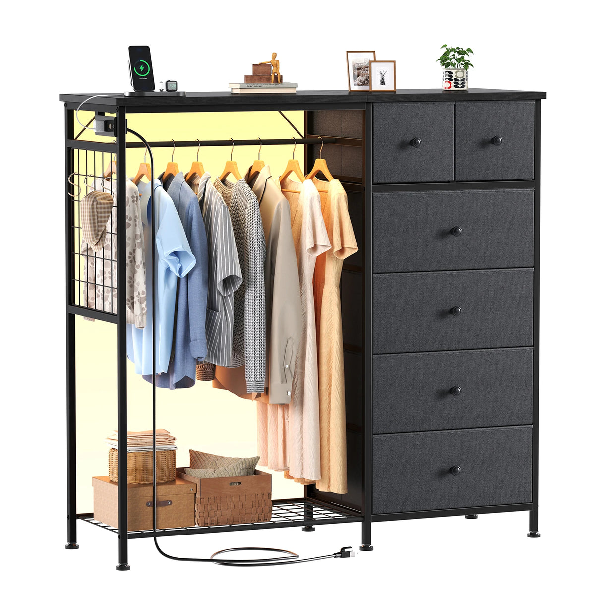 JHK 6 Drawer Fabric Dresser With LED Charging Station