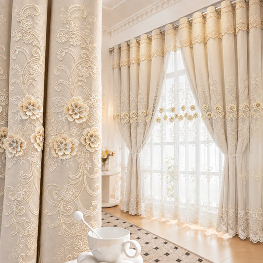 3D Floral Embroidery Eyelet Blackout Curtains With Decor Valance