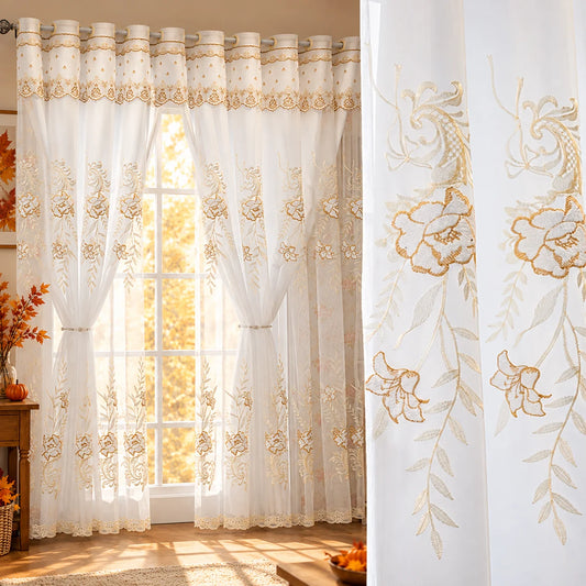 Double Layer Luxury Embroidered Blackout Sheer Curtain Panels