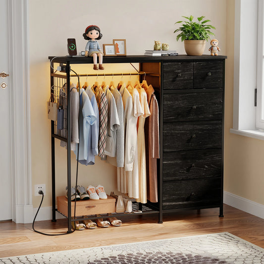 JHK 6 Drawer Fabric Dresser With LED Charging Station