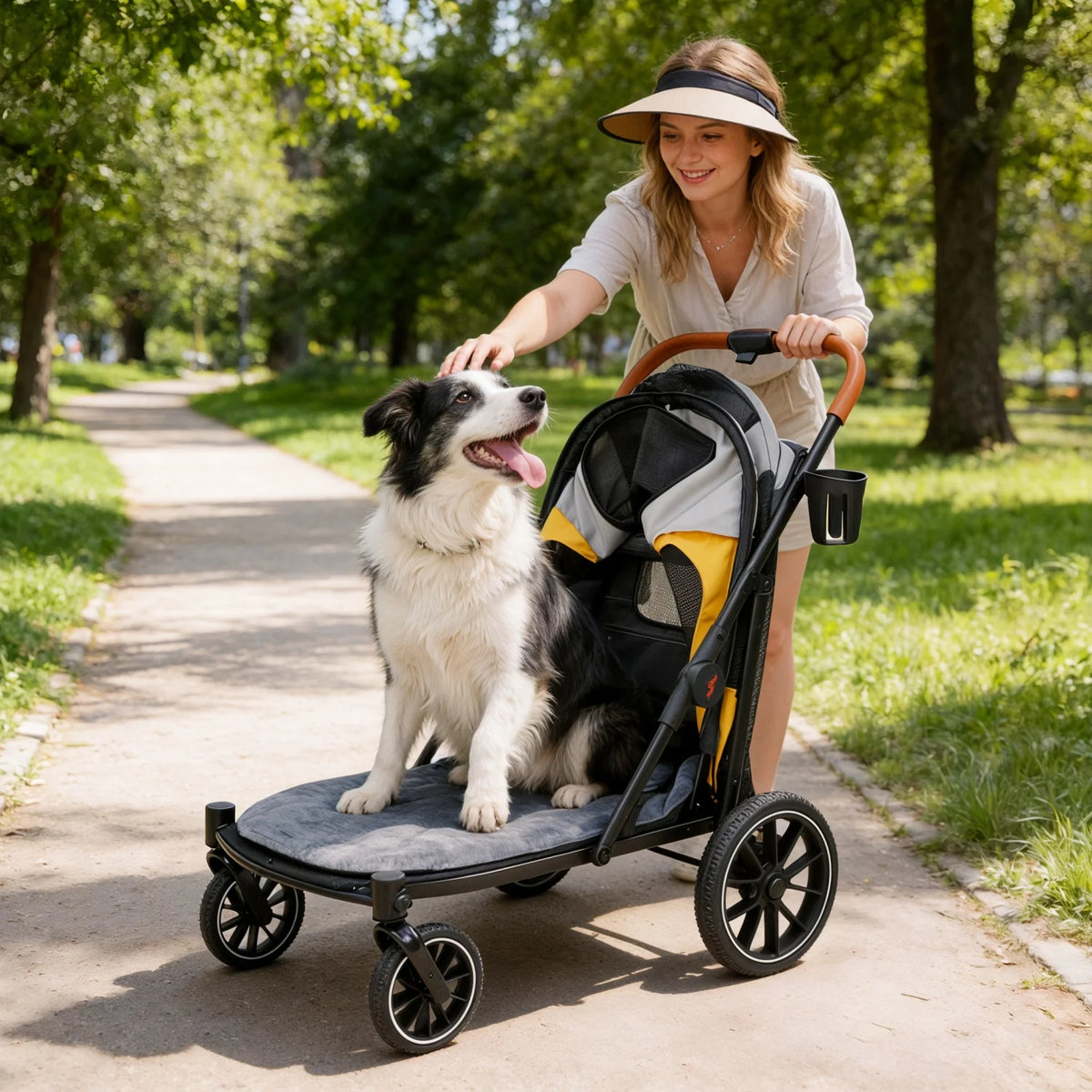 Foldable Dog Jogger Stroller With Storage Pockets And Wheels