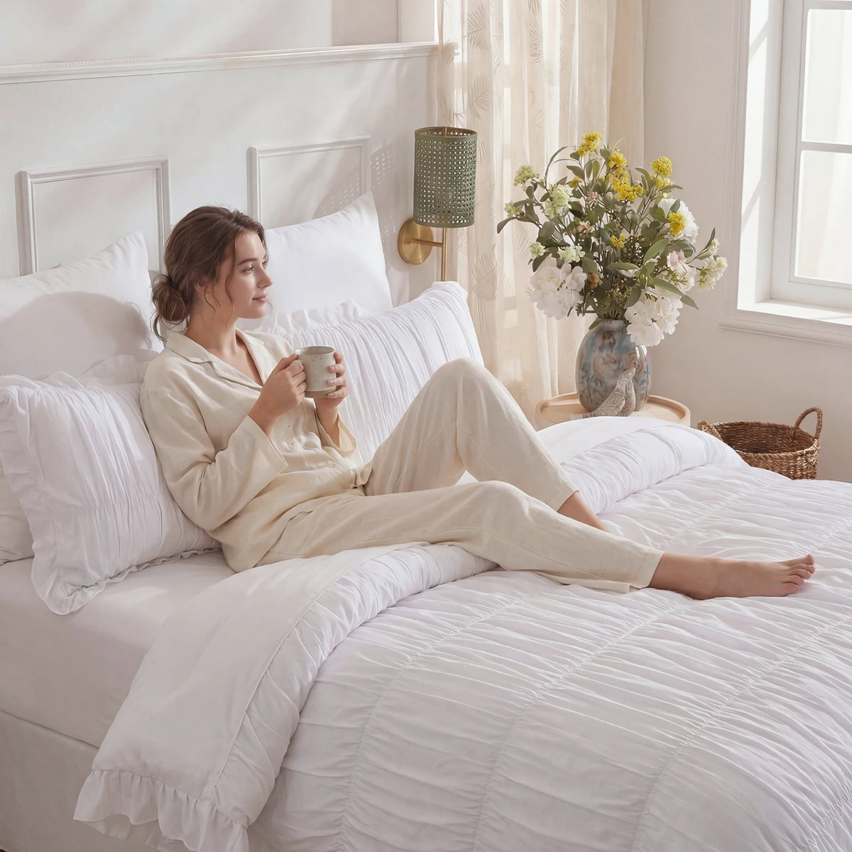 Soft Microfiber Ruffle Ruched Duvet Cover Set With Boho Charm