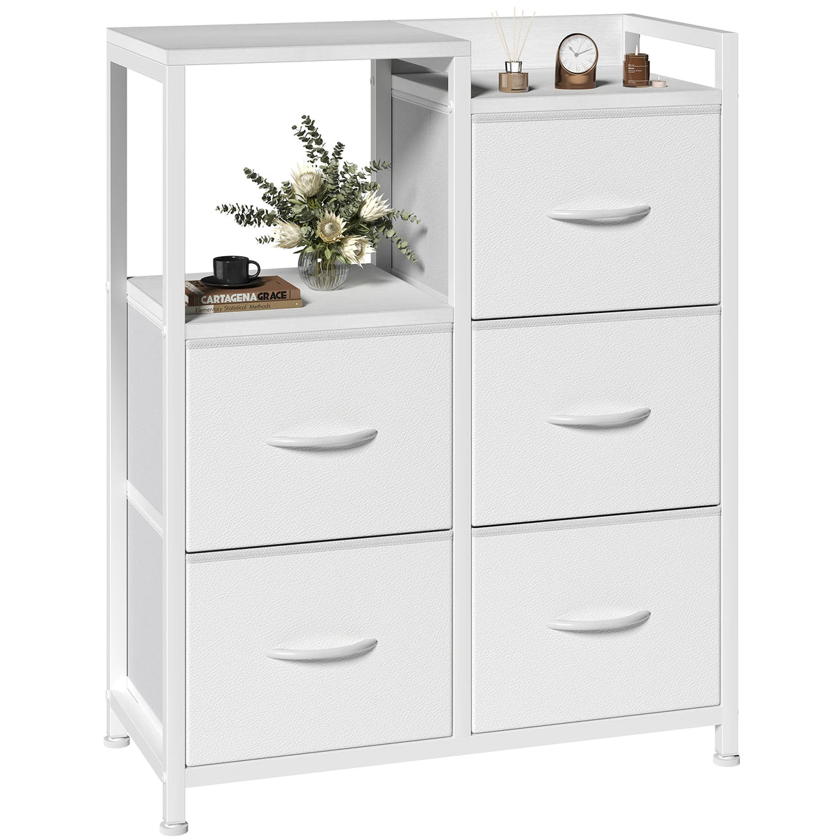 JHK Metal Frame Five Drawer Fabric Chest With Raised Shelf