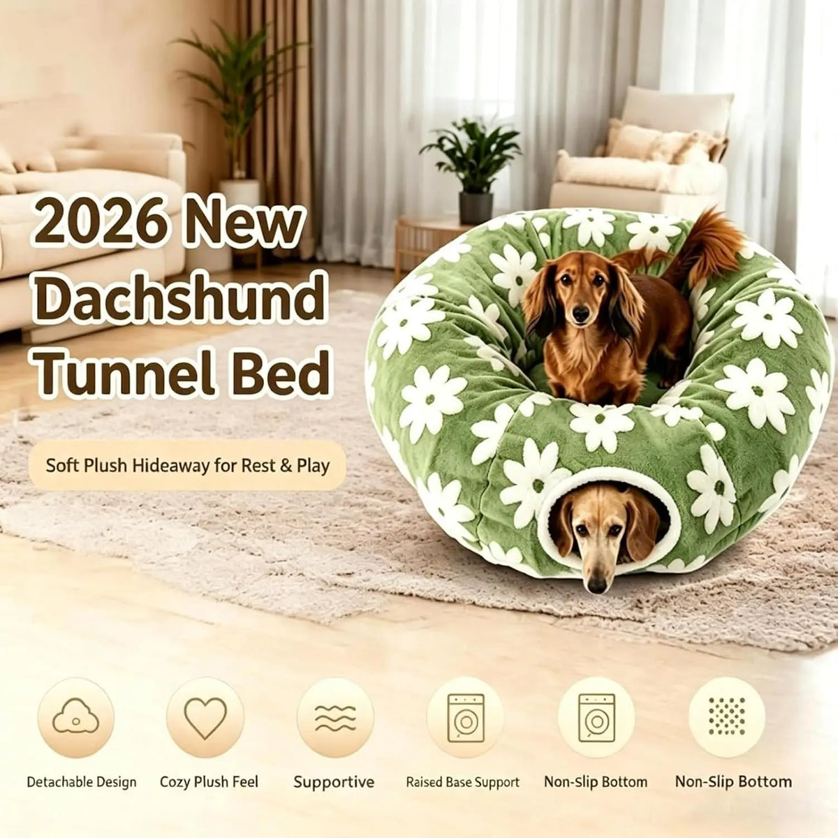 Floral Padded Foldable Tunnel Bed Designed For Dachshunds