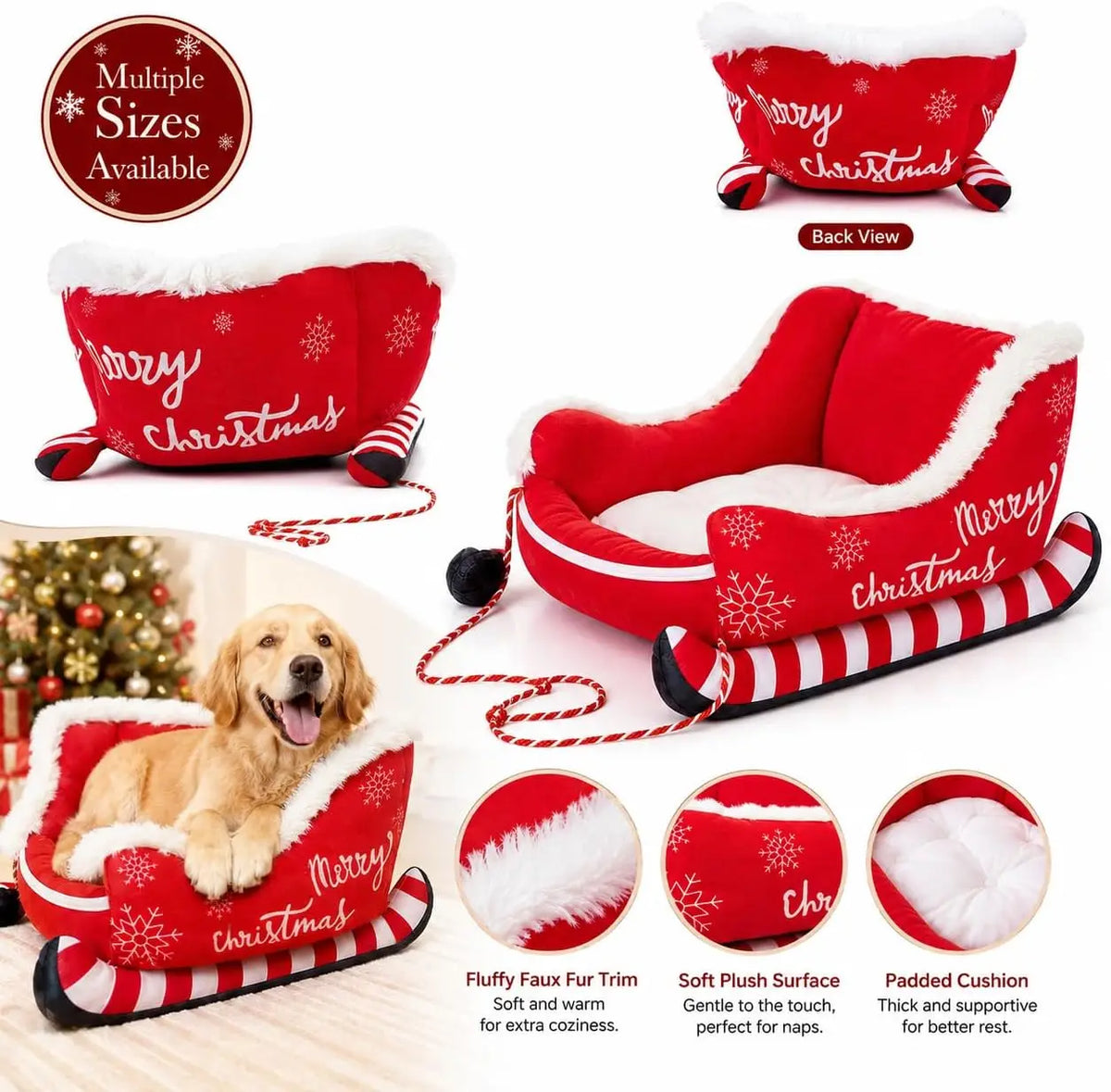 Christmas Plush Sleigh Shaped Calming Pet Sofa Bed