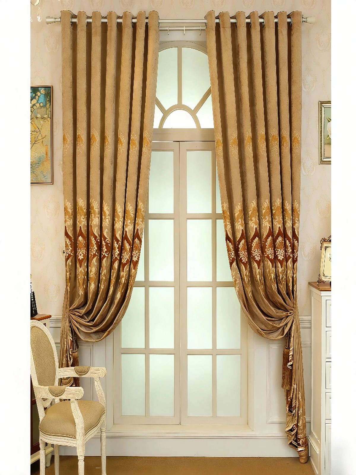 European Floral Embroidered Chenille Curtains With Grommet Top