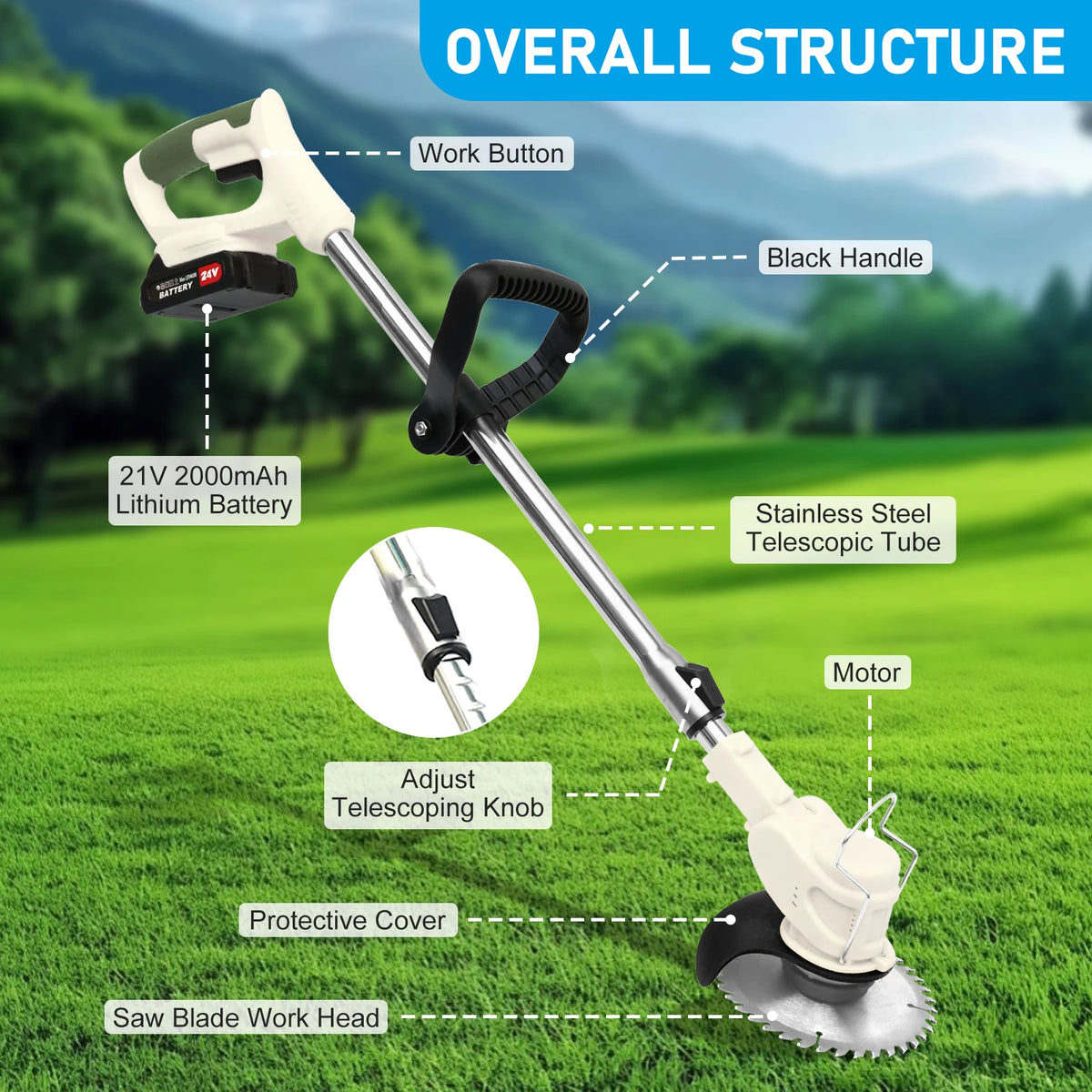 21V Cordless 3in1 Electric Lawn Mower Edger Brush Cutter Kit