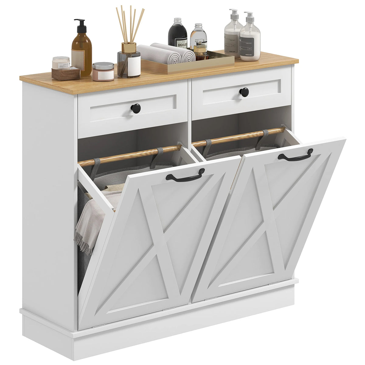 HOMCOM Double Tilt Out Laundry Hamper Cabinet With Dual Drawers