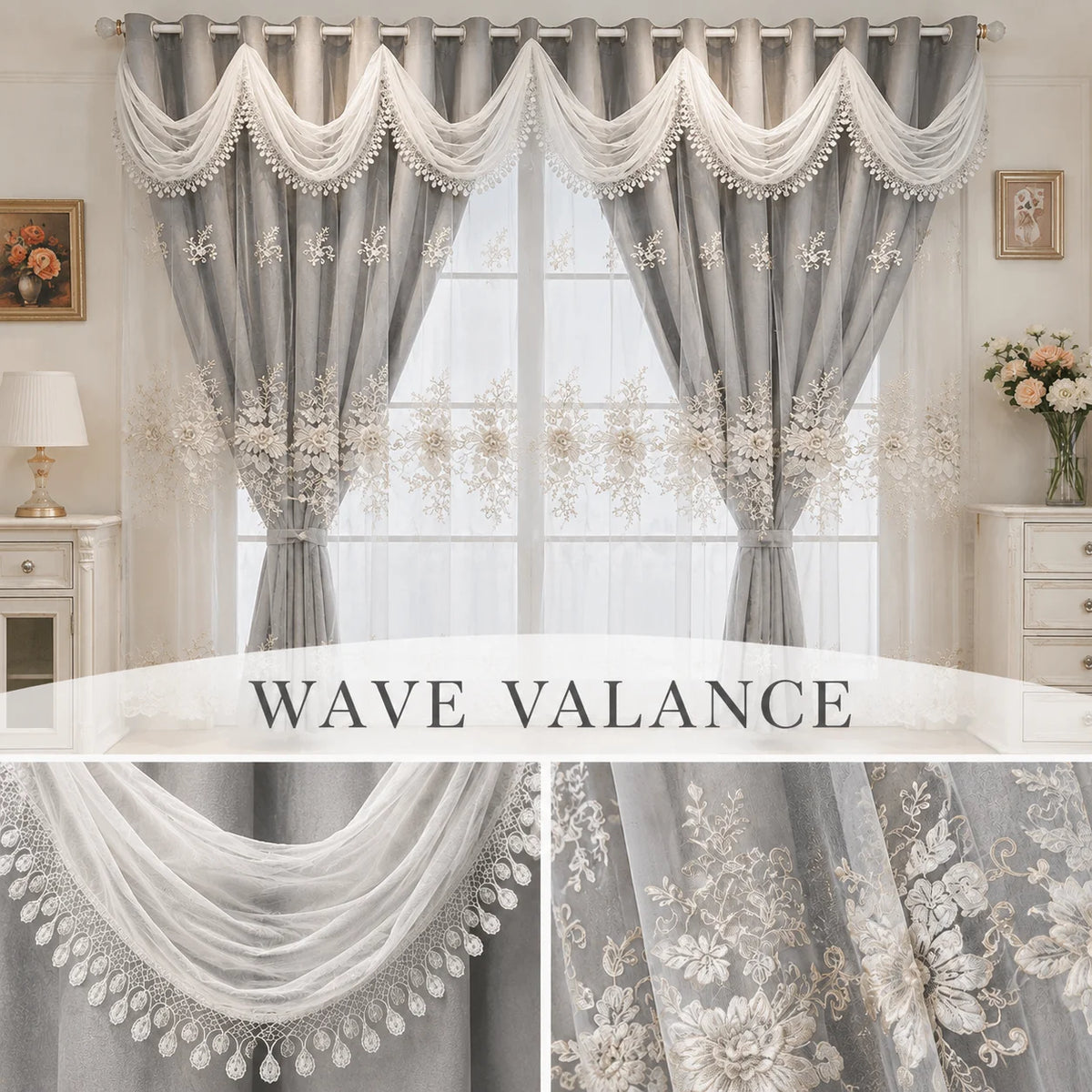 Premium Double Layer Ruffled Lace Curtain With Floral Embroidery