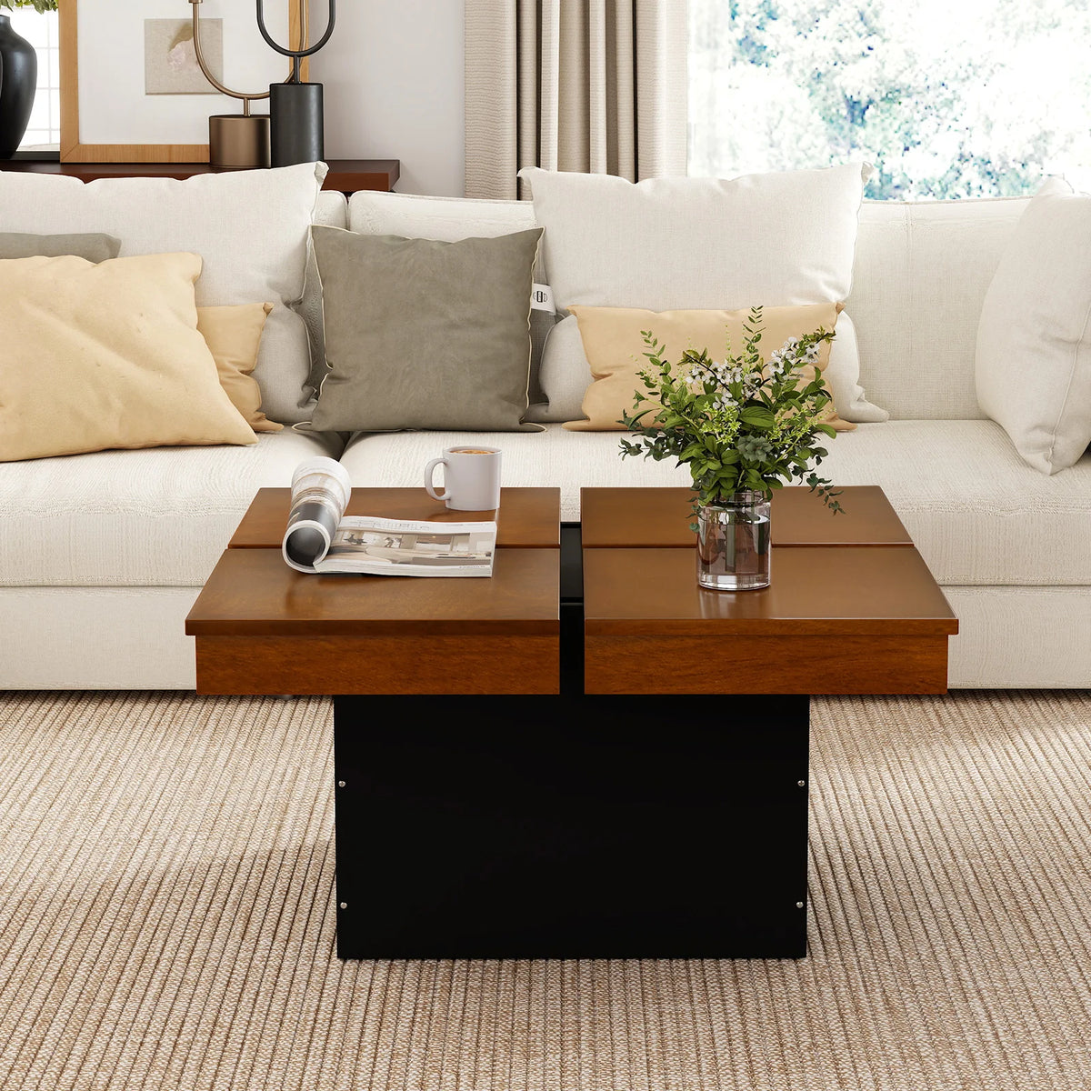 Homasis Square Coffee Table With Solid Wood Veneer Recessed Base