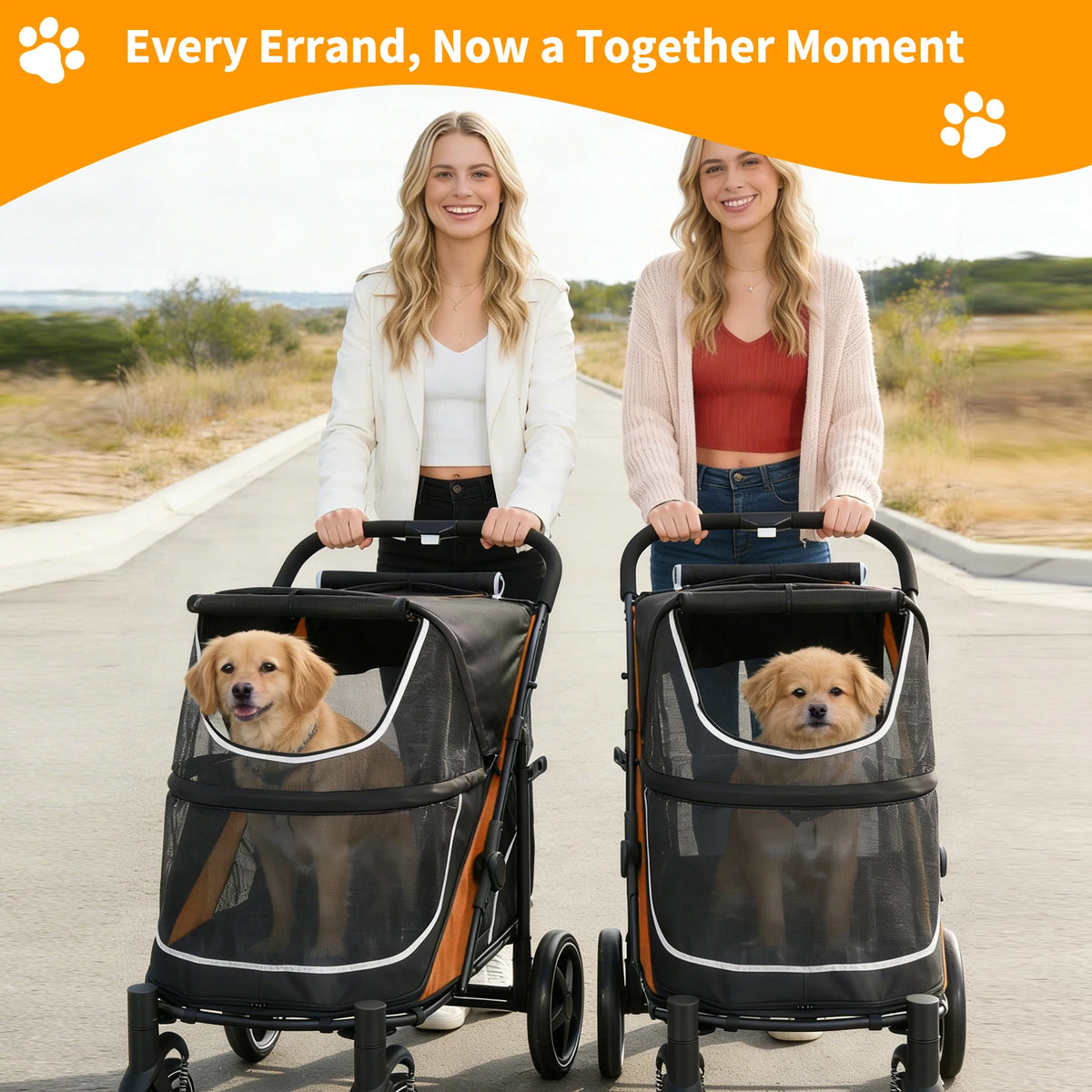 Foldable Dog Stroller with Adjustable Handle Canopy for Large Pets