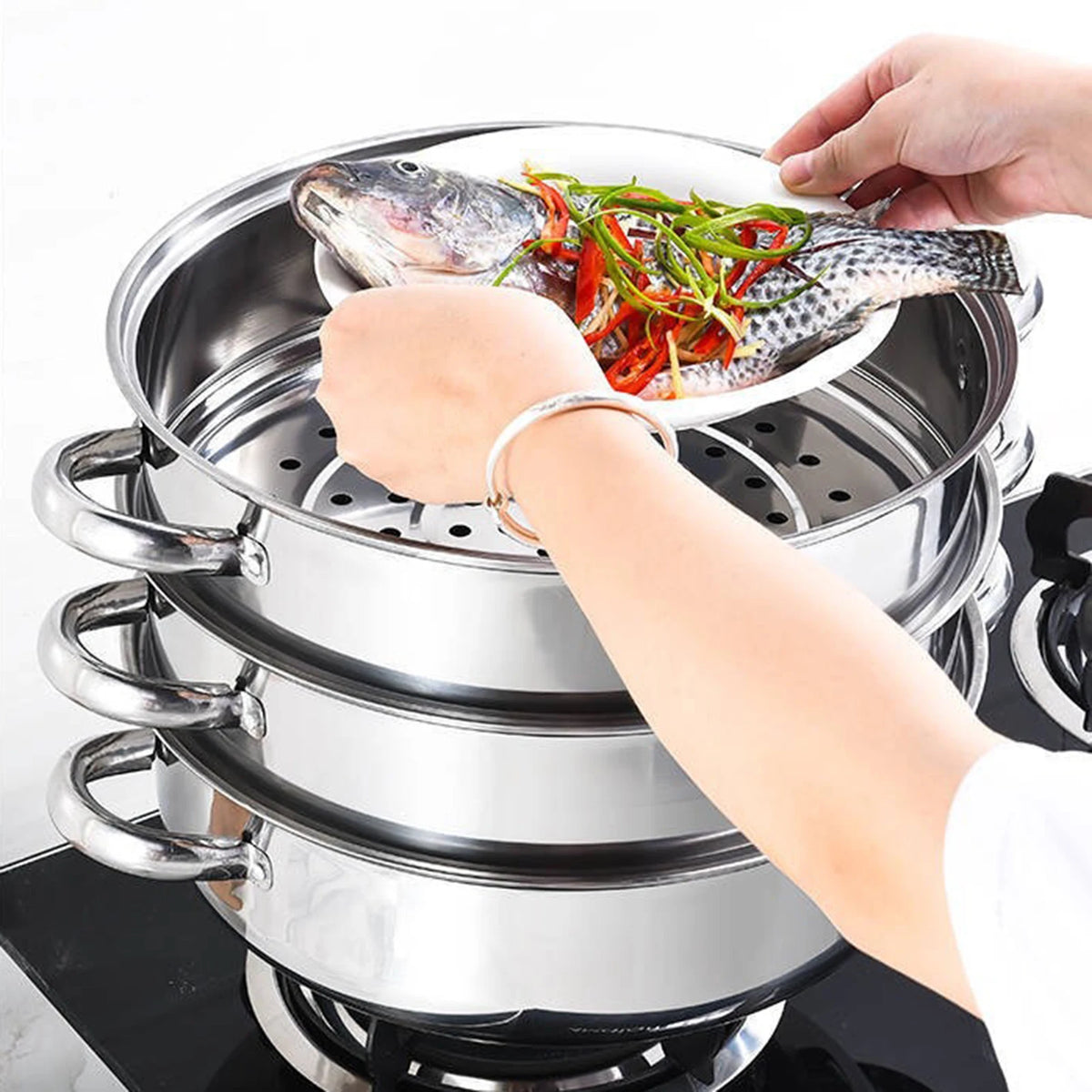 Bymaocar Stainless Steel Three Tier Food Steamer With Lid