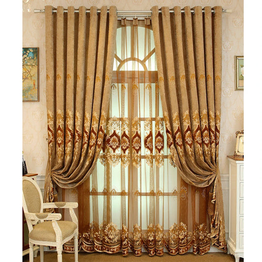 European Floral Embroidered Chenille Curtains With Grommet Top