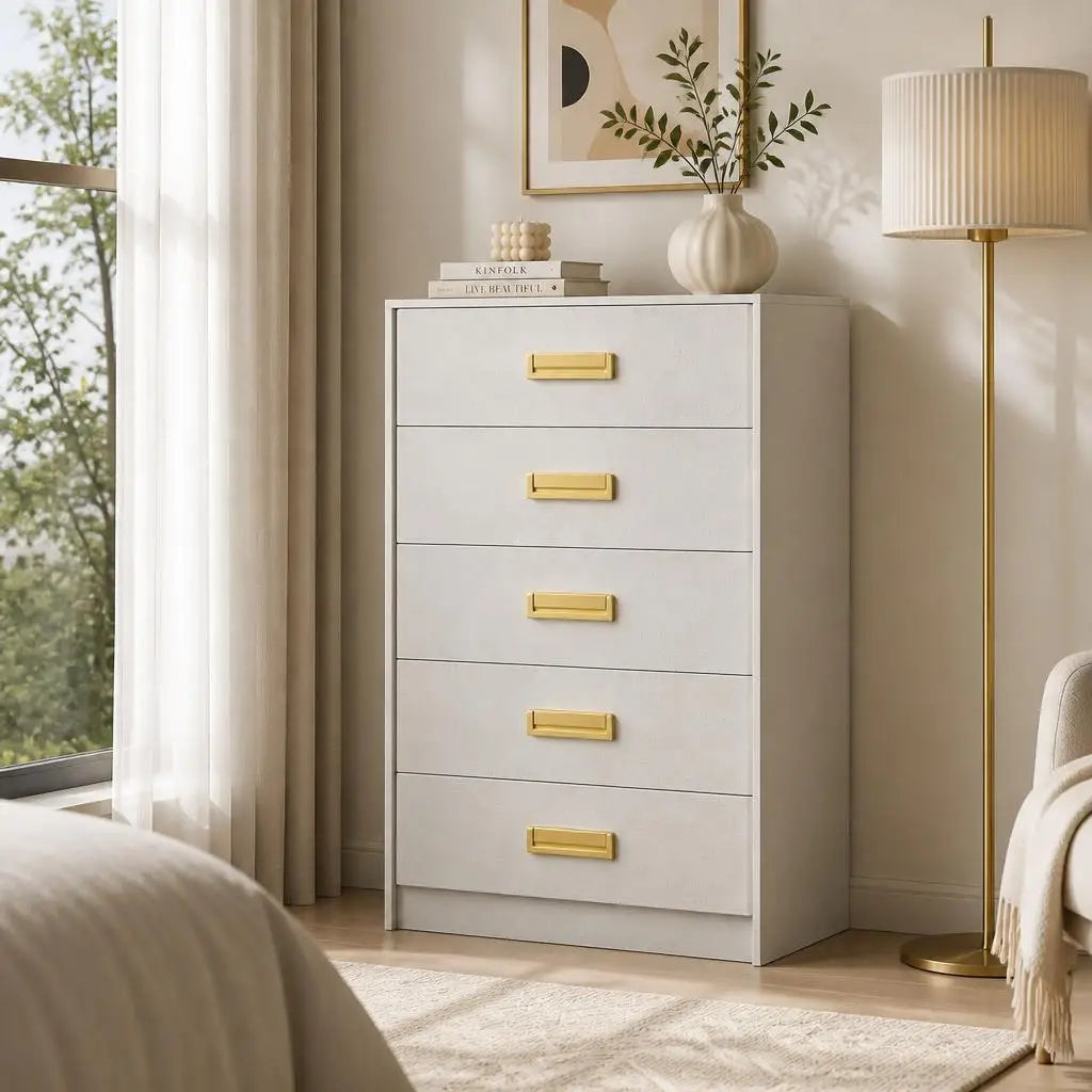 Modern Wooden Bedroom Chest Of Drawers With Elegant Beveled Finish