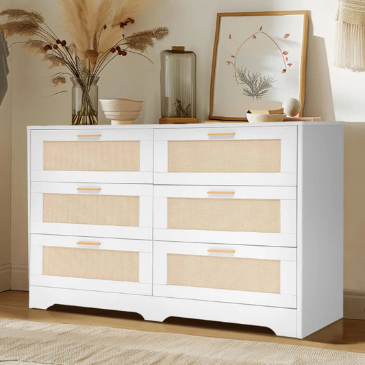 Modern Rattan Wood Six Drawer Dresser With Elegant Curved Handles