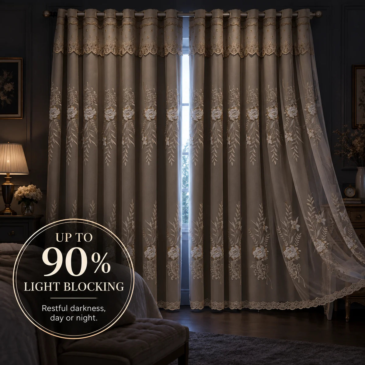 Floral Embossed Blackout Curtain With Grommet For Bedroom