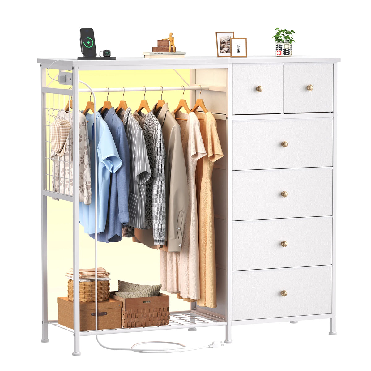JHK 6 Drawer Fabric Dresser With LED Charging Station