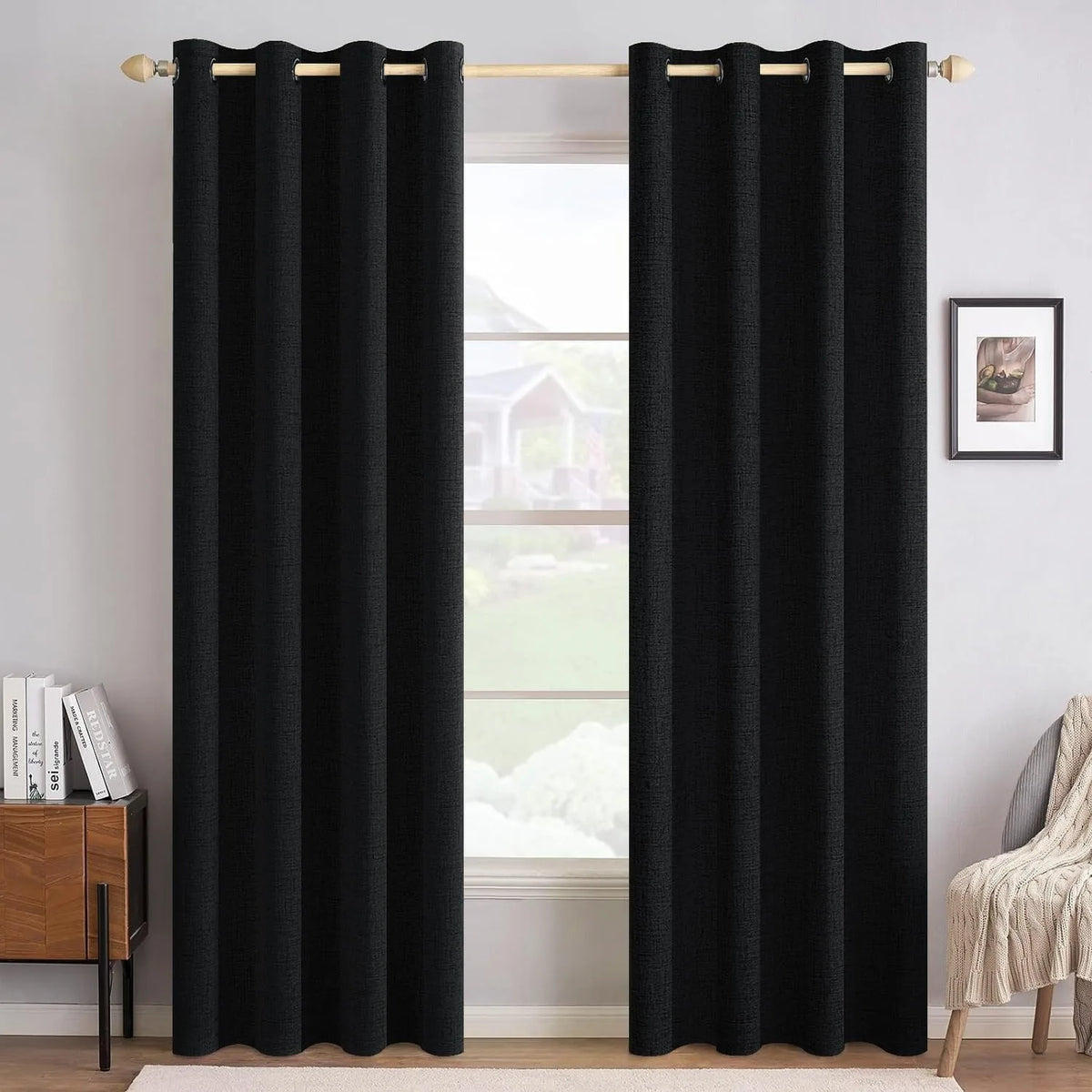 Textured Blackout Linen Curtains With Metal Grommet Top Thermal Insulation
