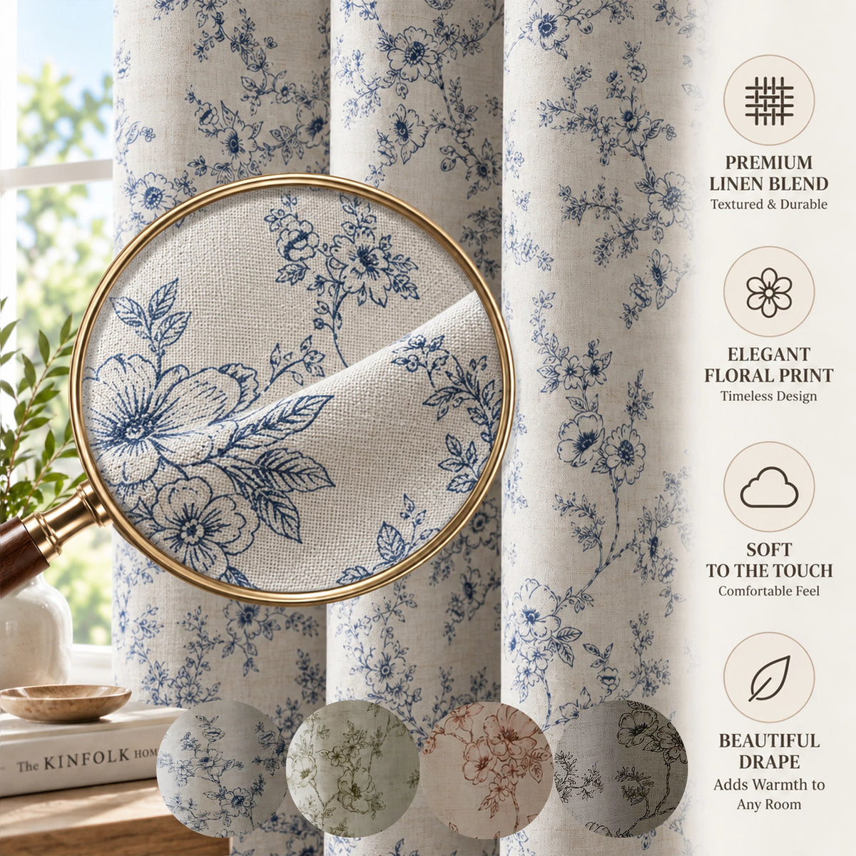 Floral Print Blackout Curtains With Thermal Insulation And Grommets