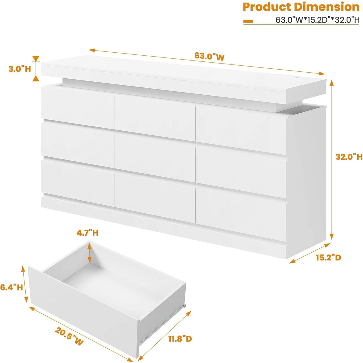 Acekool Nine Drawer Dresser With LED Lights And Charging Port