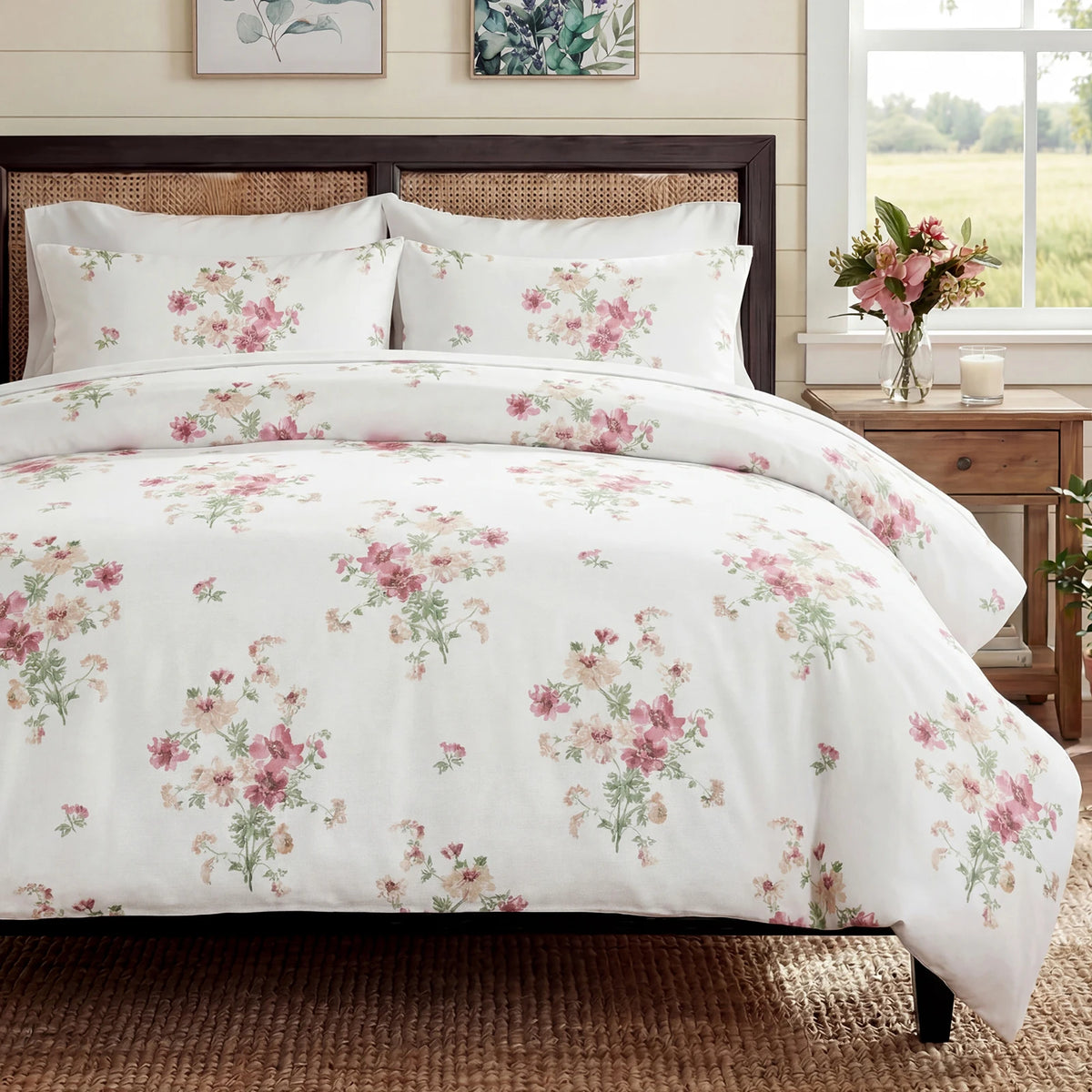 Vintage Floral 100% Cotton Duvet Cover Set Zipper 3 Piece