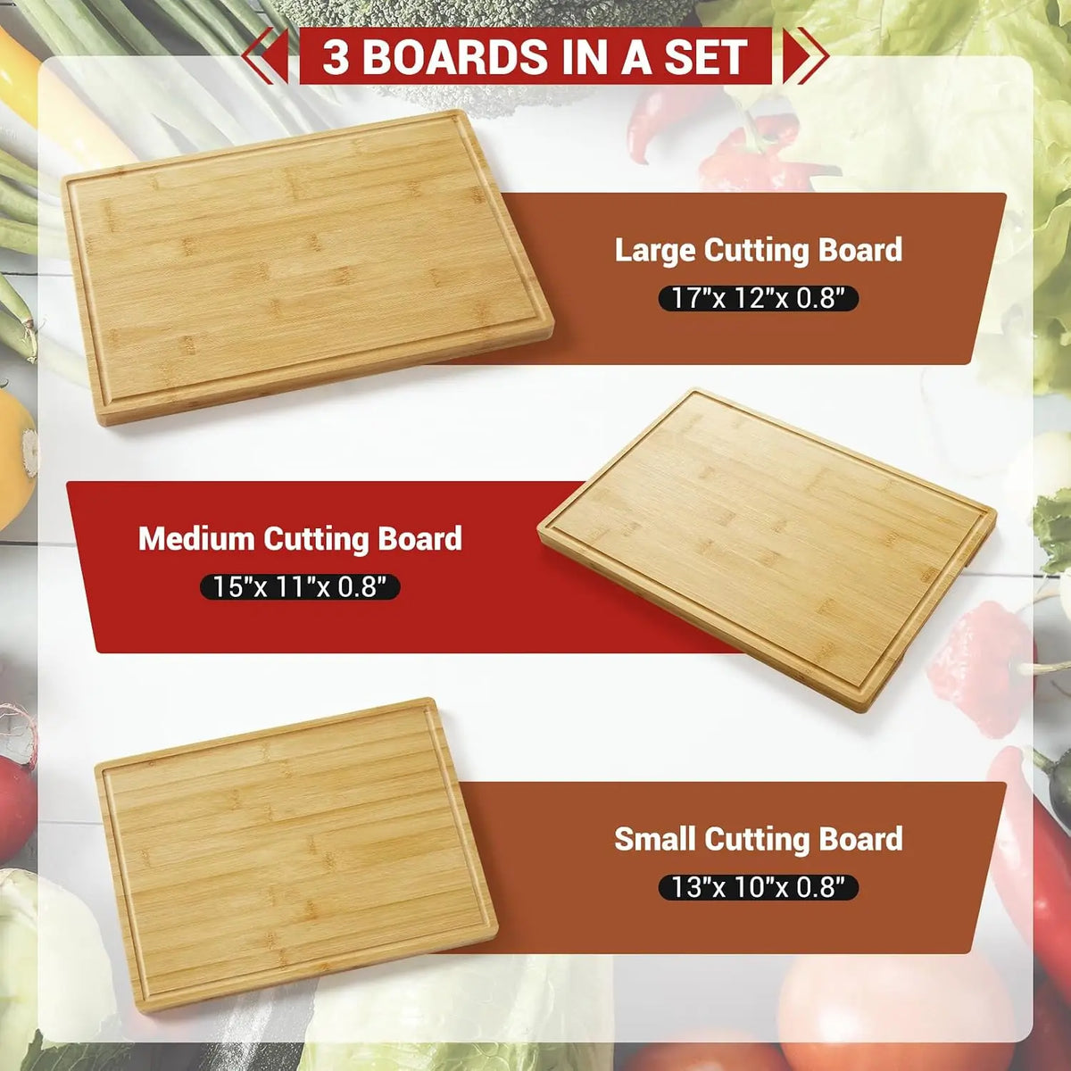 Premium Bamboo Cutting Boards Set With Stand And Deep Juice Grooves