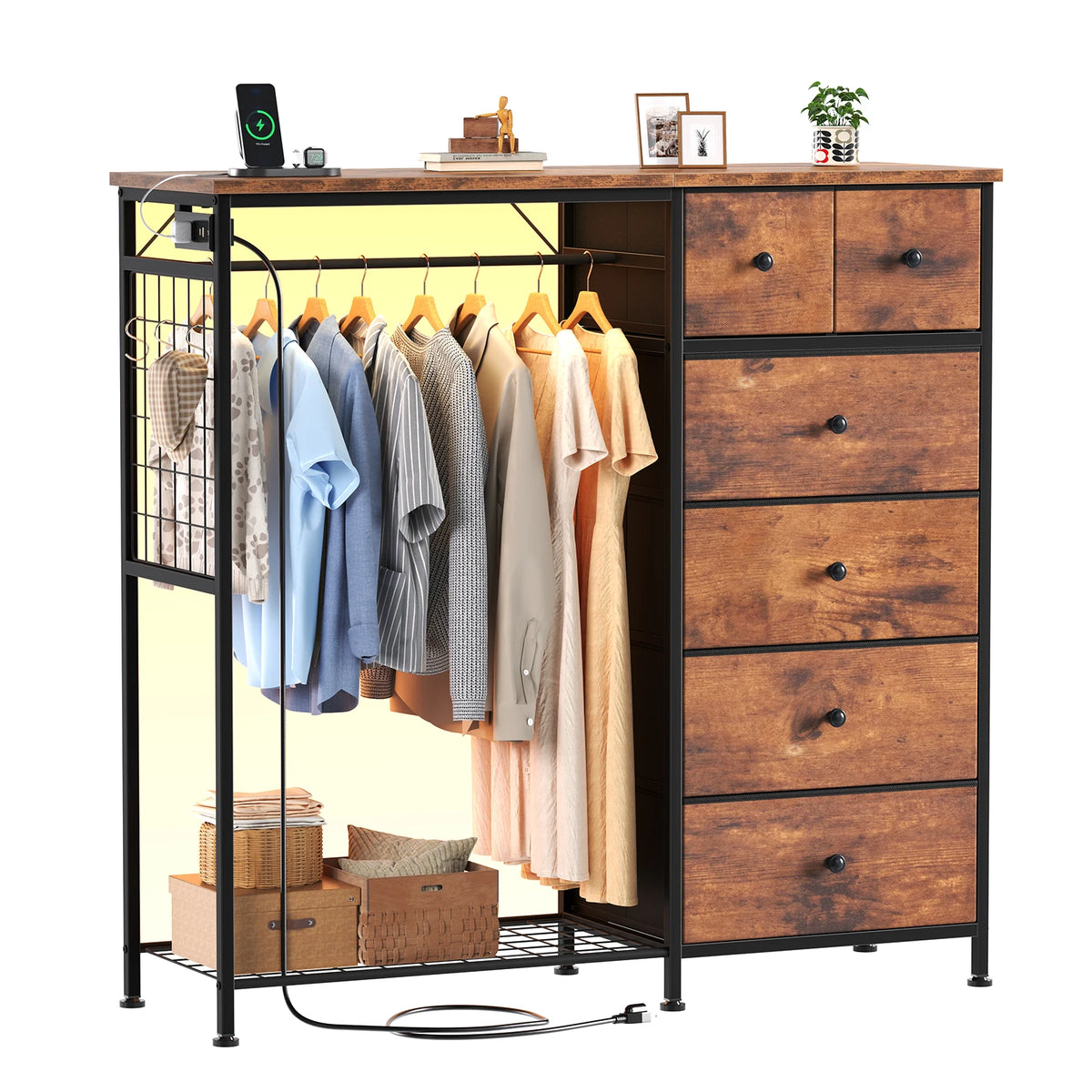 JHK 6 Drawer Fabric Dresser With LED Charging Station