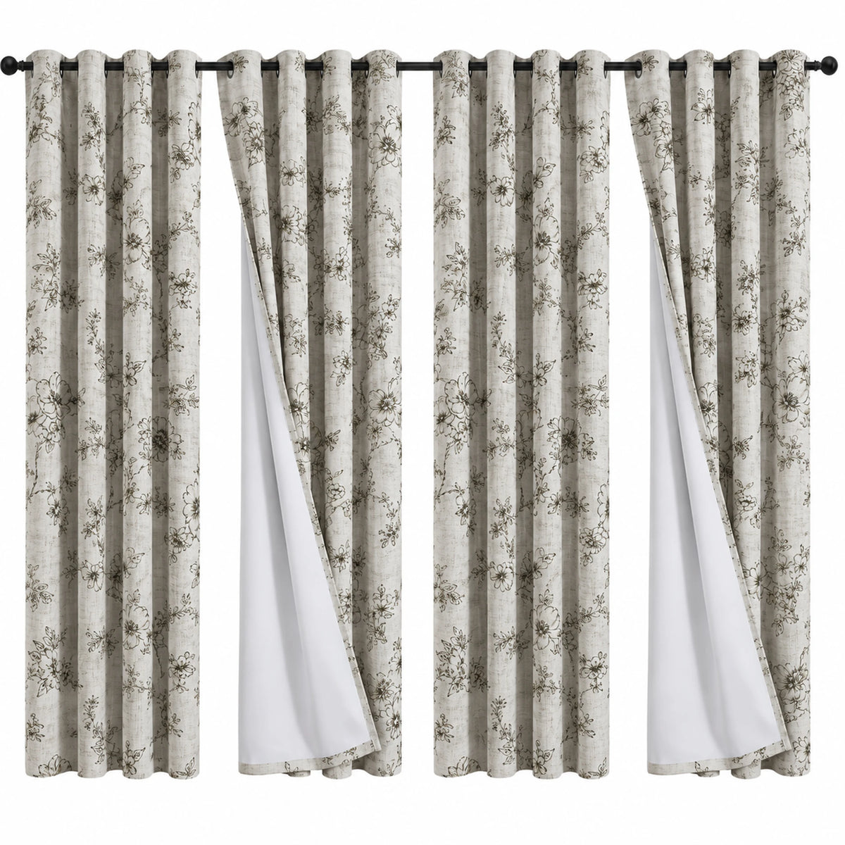 Floral Print Blackout Curtains With Thermal Insulation And Grommets