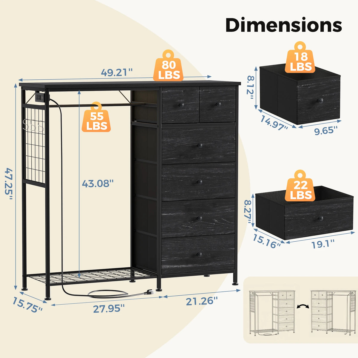 JHK 6 Drawer Fabric Dresser With LED Charging Station