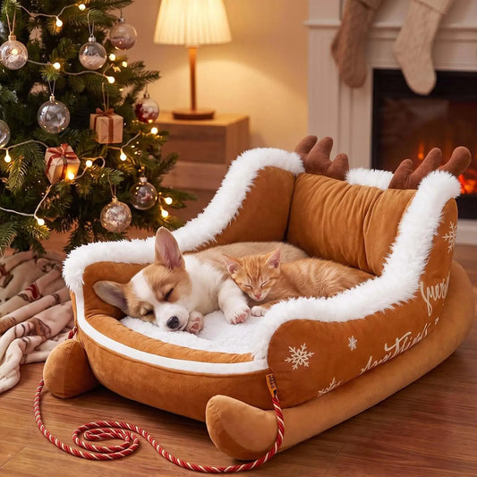 Christmas Plush Sleigh Shaped Calming Pet Sofa Bed