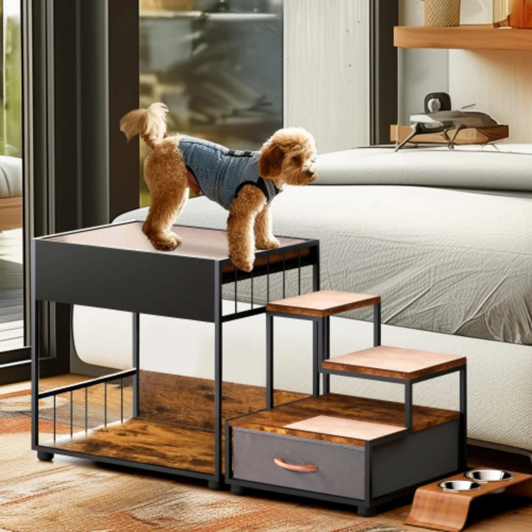 Multi-Level Elevated Dog Bunk Bed with Steps and Storage Drawer