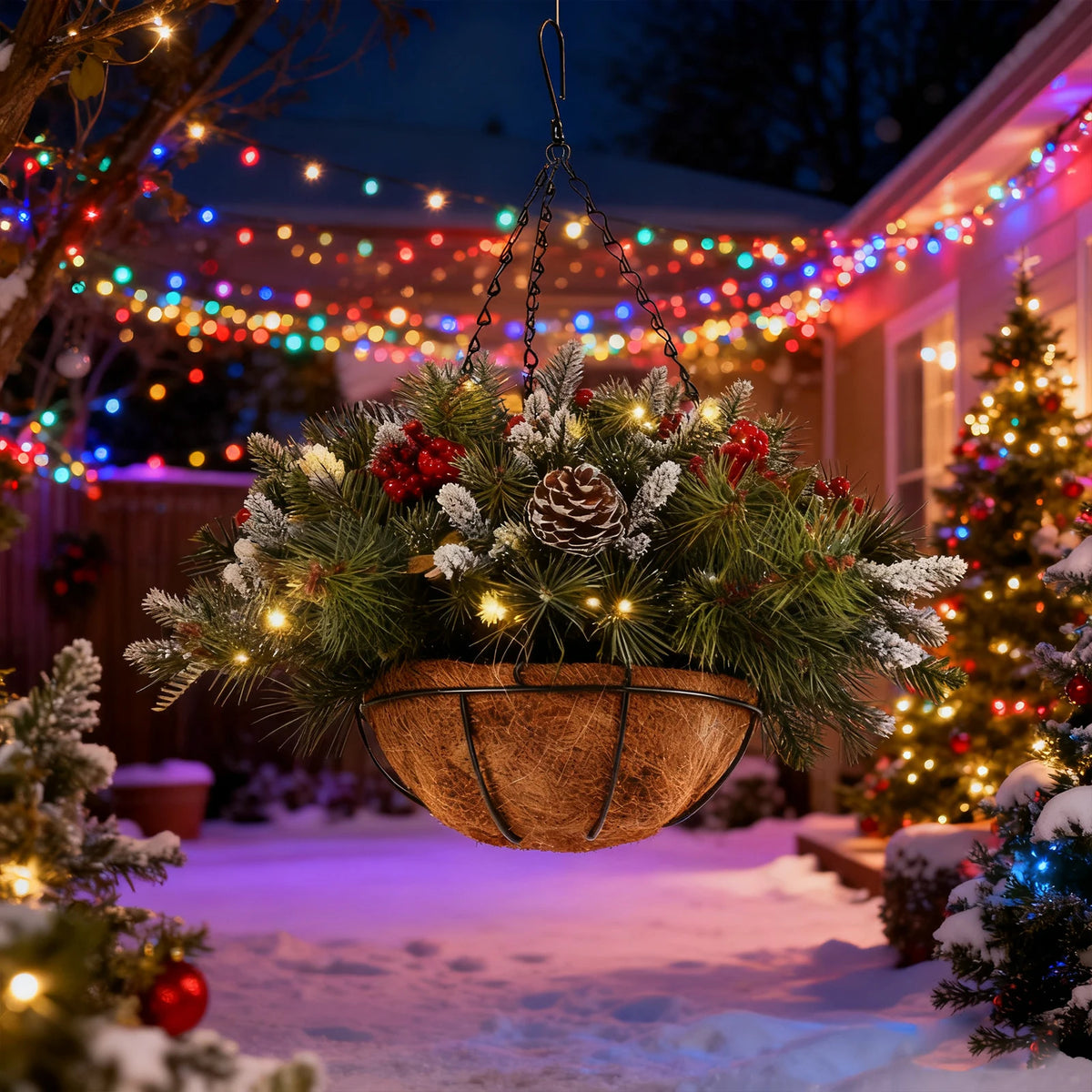 Prelit Artificial Christmas Hanging Basket With LED String Lights