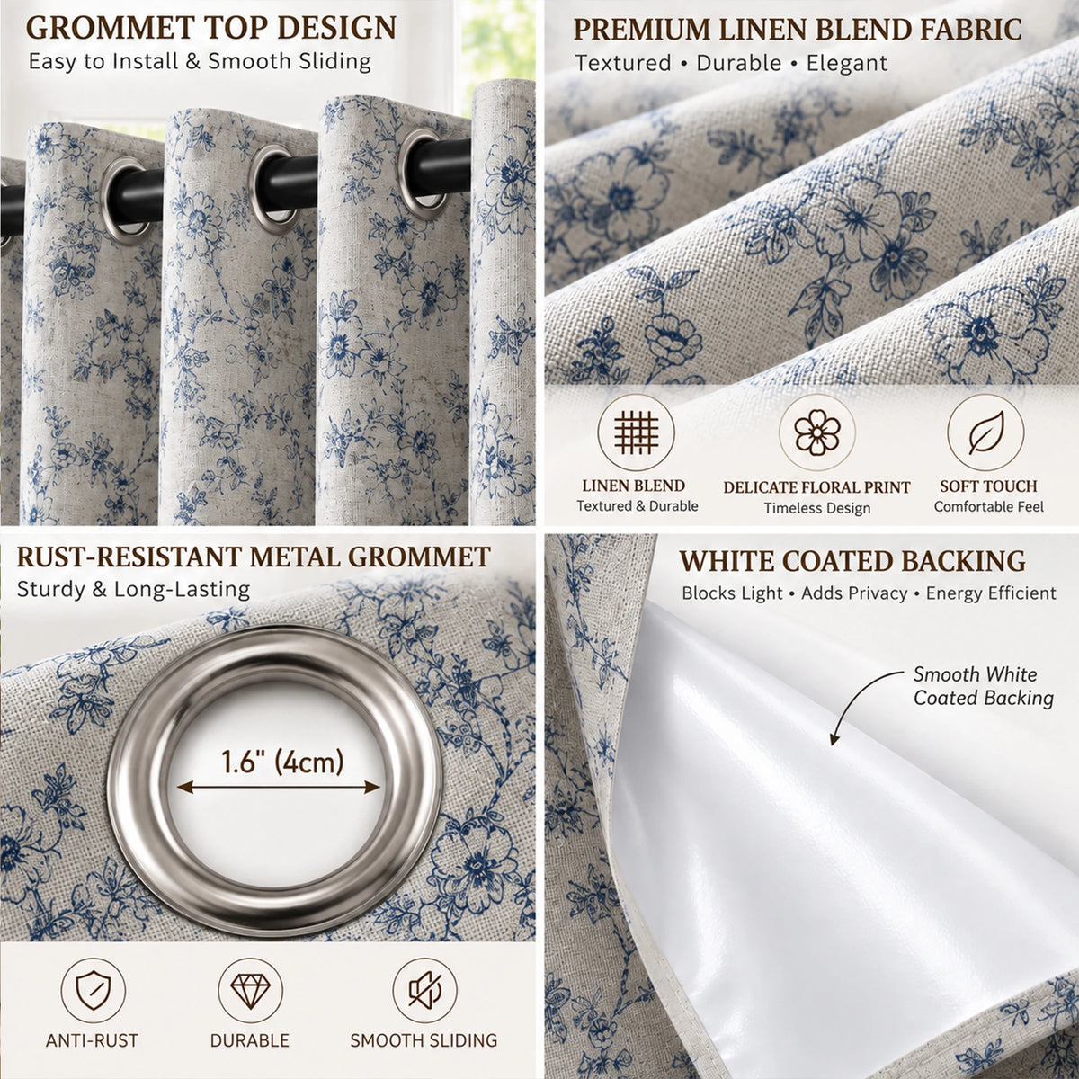 Floral Print Blackout Curtains With Thermal Insulation And Grommets