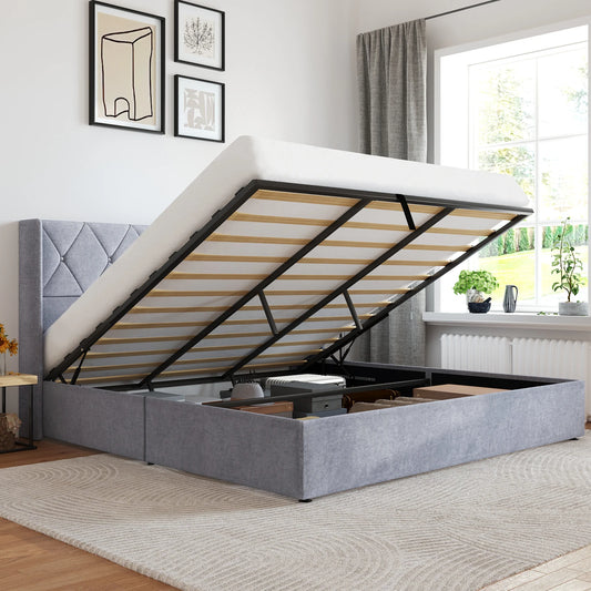 JHK Upholstered Lift Up Storage Bed With Wingback Headboard