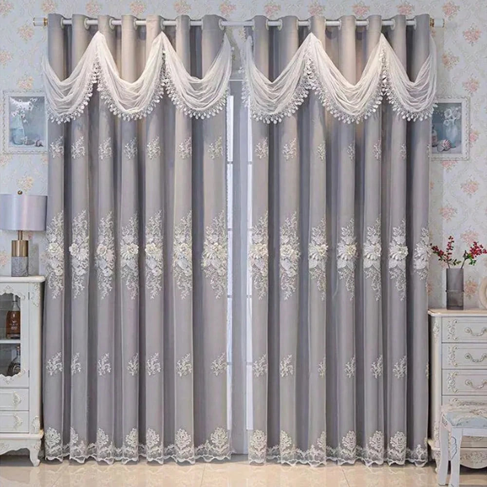 Premium Double Layer Ruffled Lace Curtain With Floral Embroidery