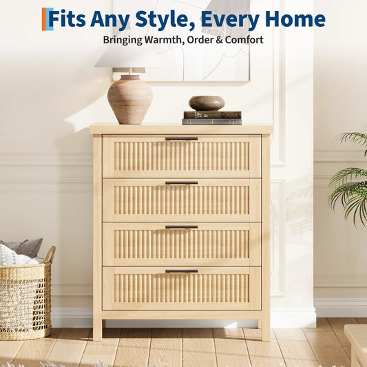 Fluted Wooden Dresser Featuring Deep Drawers For Bedroom Storage