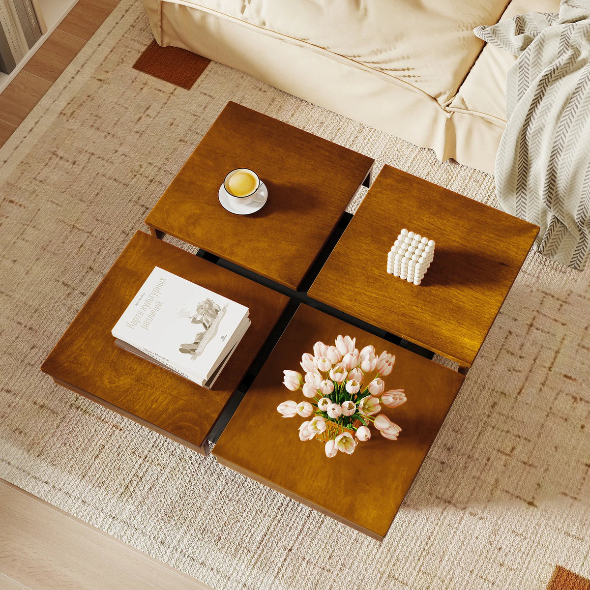 Homasis Square Coffee Table With Solid Wood Veneer Recessed Base