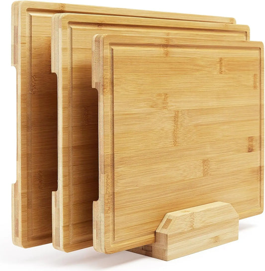 Premium Bamboo Cutting Boards Set With Stand And Deep Juice Grooves