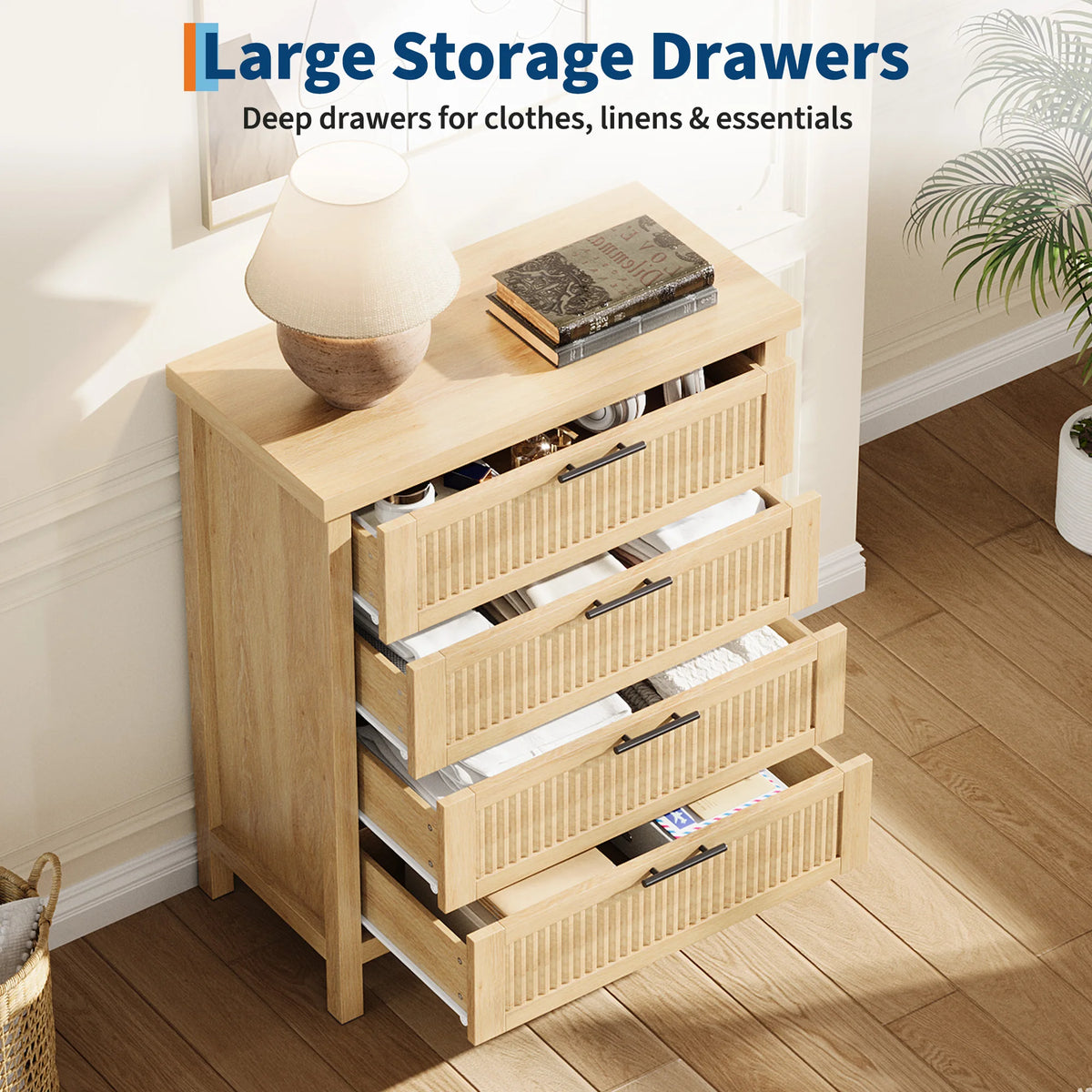 Fluted Wooden Dresser Featuring Deep Drawers For Bedroom Storage