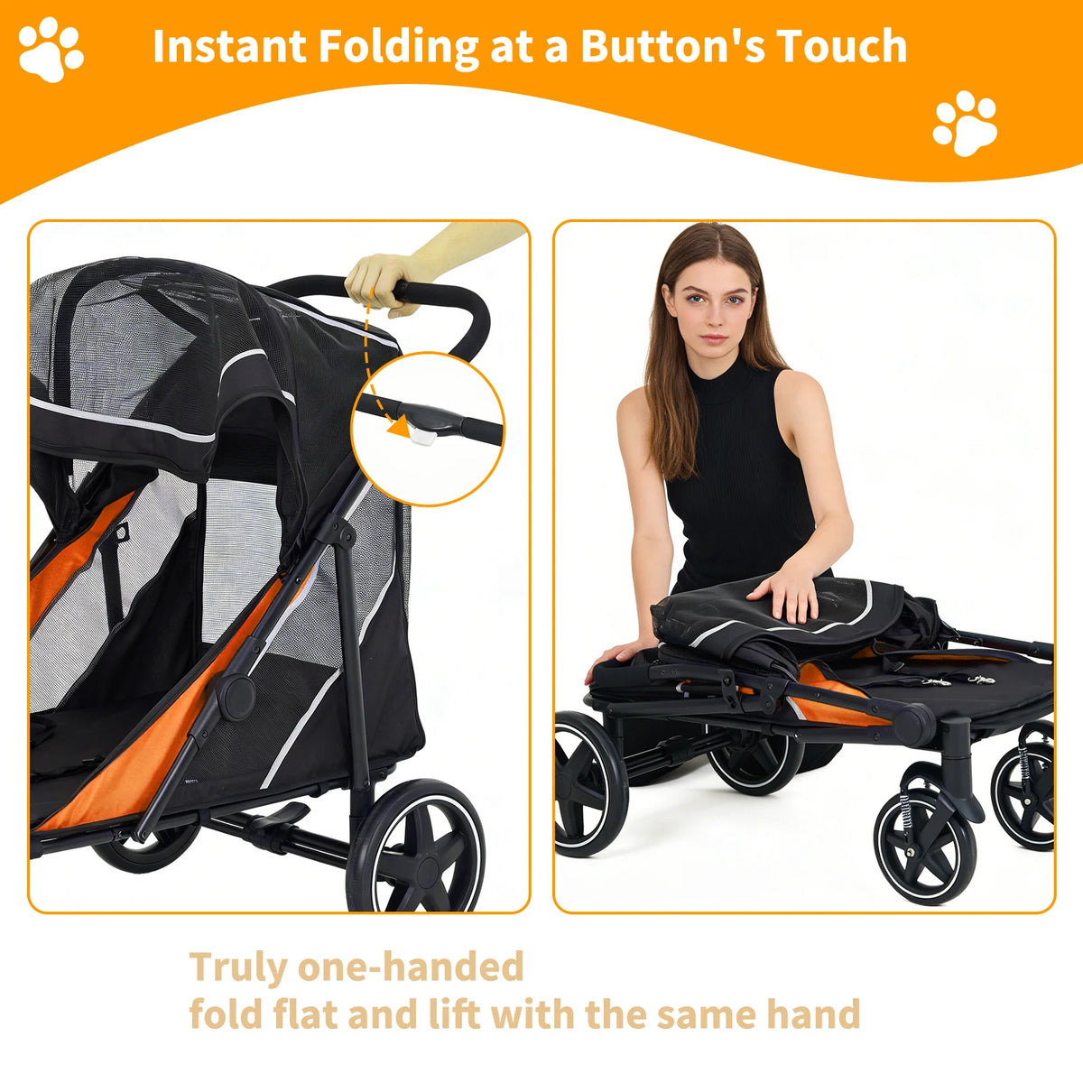 Foldable Dog Stroller with Adjustable Handle Canopy for Large Pets