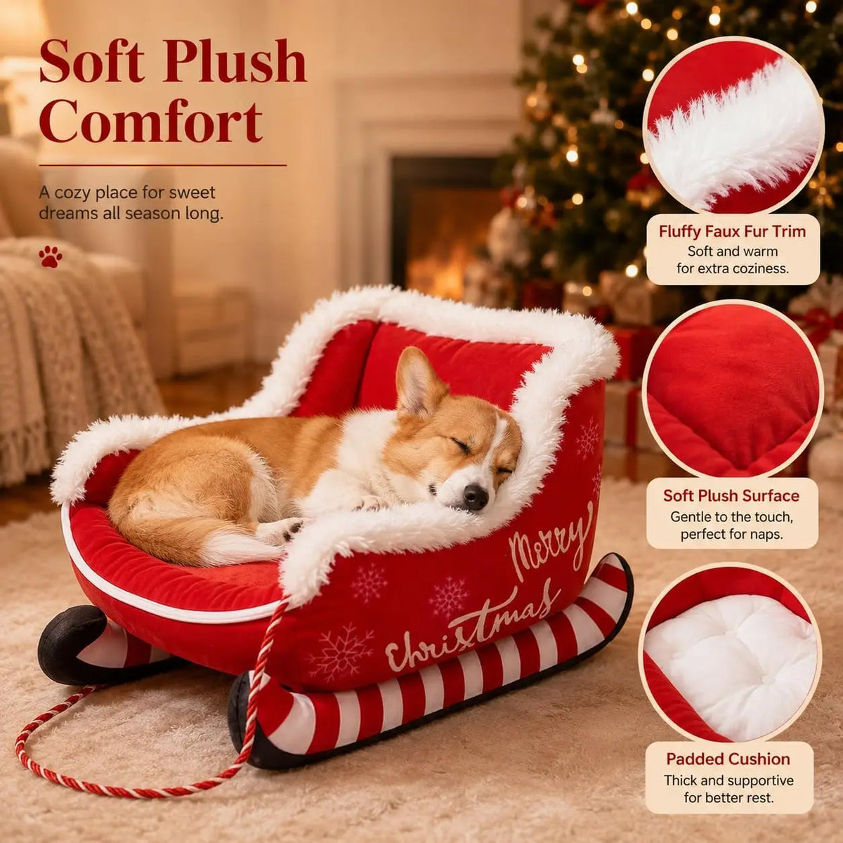 Christmas Plush Sleigh Shaped Calming Pet Sofa Bed