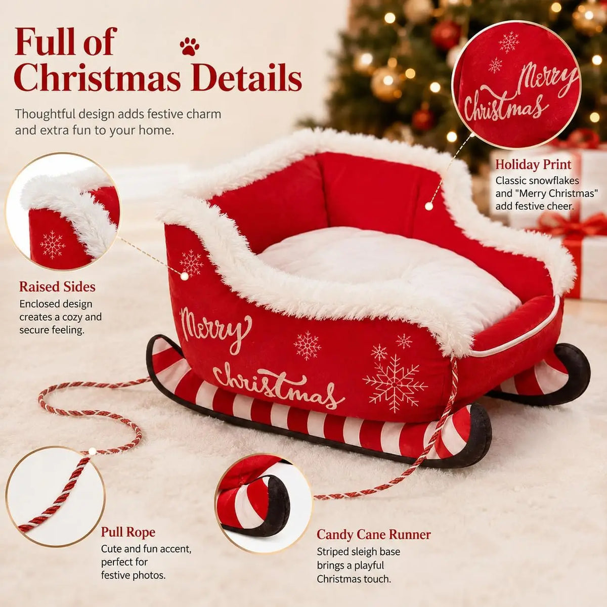 Christmas Plush Sleigh Shaped Calming Pet Sofa Bed