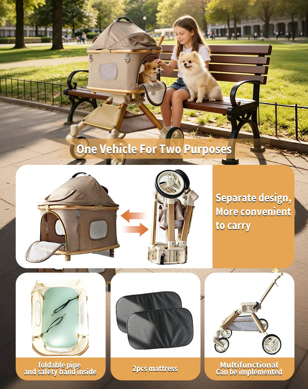 Premium Pet Stroller For Dogs And Cats With Safety Leashes