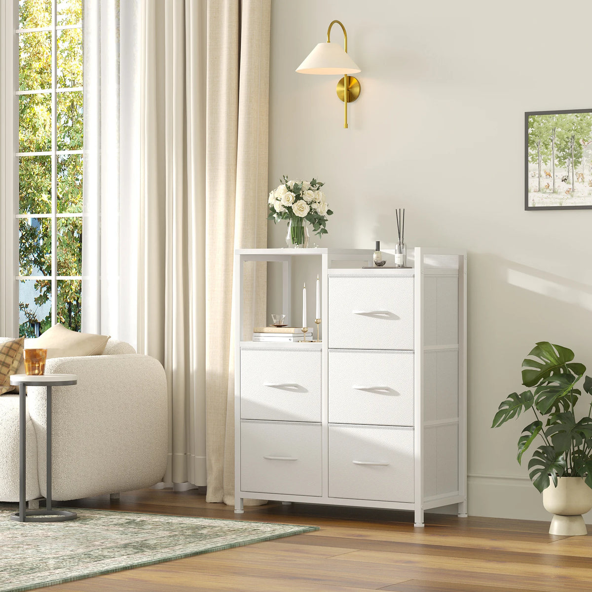 JHK Metal Frame Five Drawer Fabric Chest With Raised Shelf