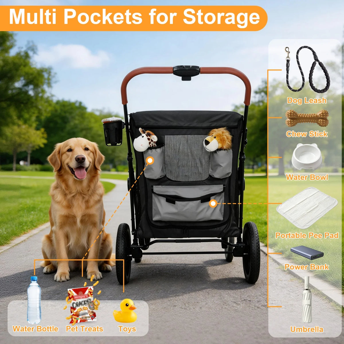 Foldable Dog Jogger Stroller With Storage Pockets And Wheels