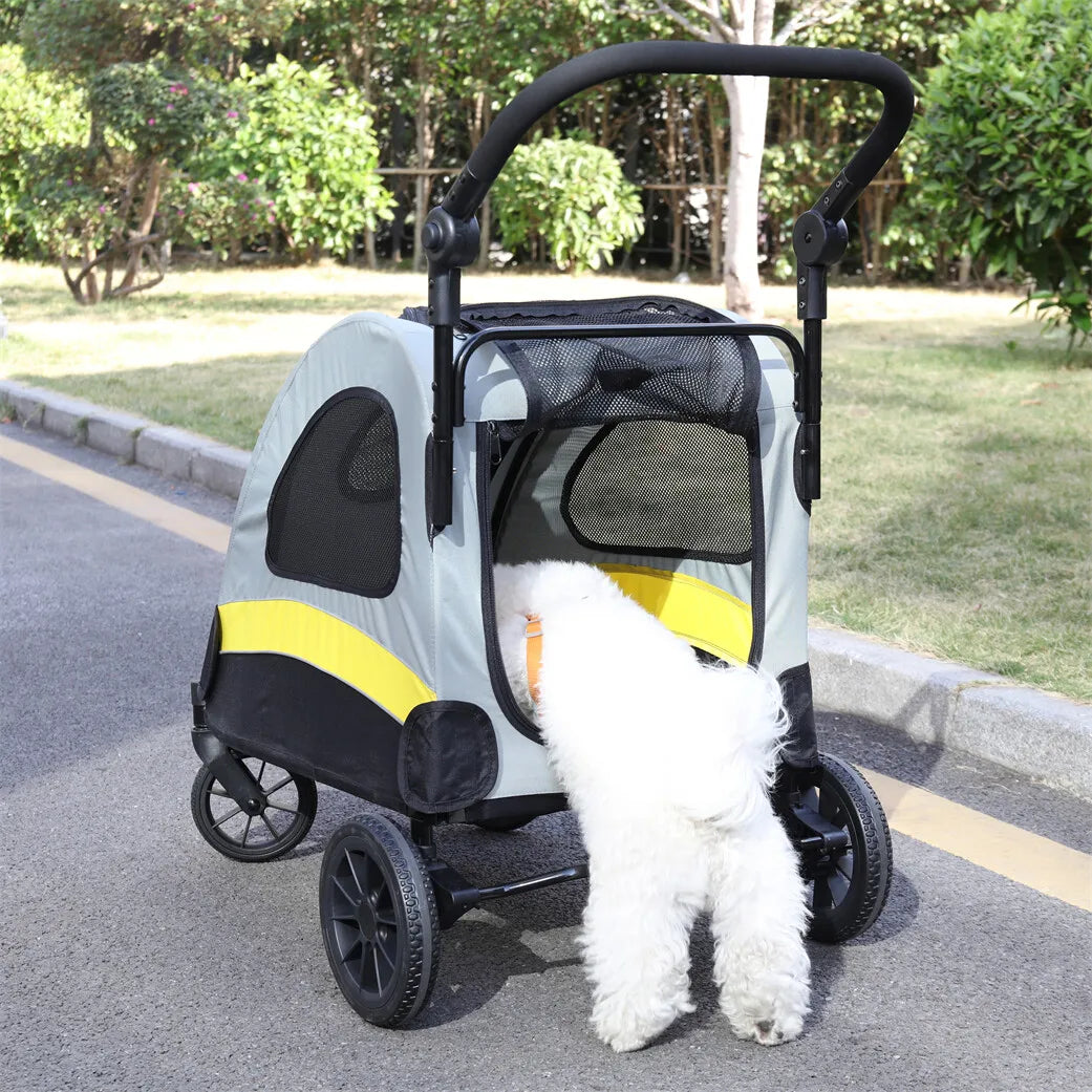 Foldable Four Wheel Dog Stroller With Shock Absorbing Swivel Wheels