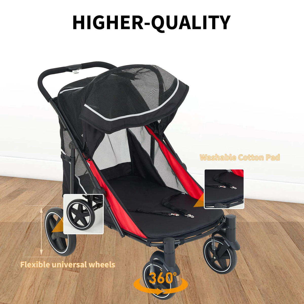 Foldable Dog Stroller with Adjustable Handle Canopy for Large Pets