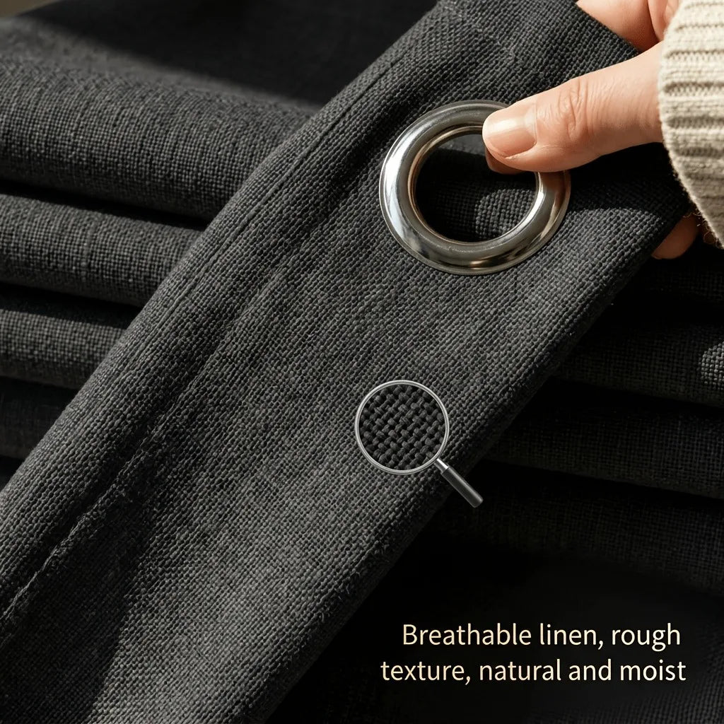 Textured Blackout Linen Curtains With Metal Grommet Top Thermal Insulation
