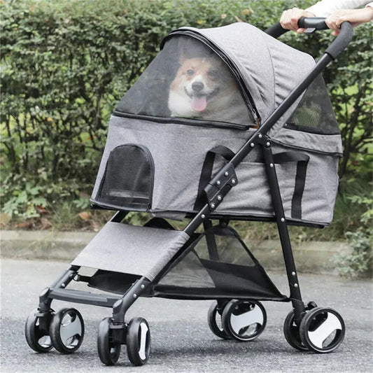 Foldable Pet Stroller With Four Rotating Wheels And Protective Shield