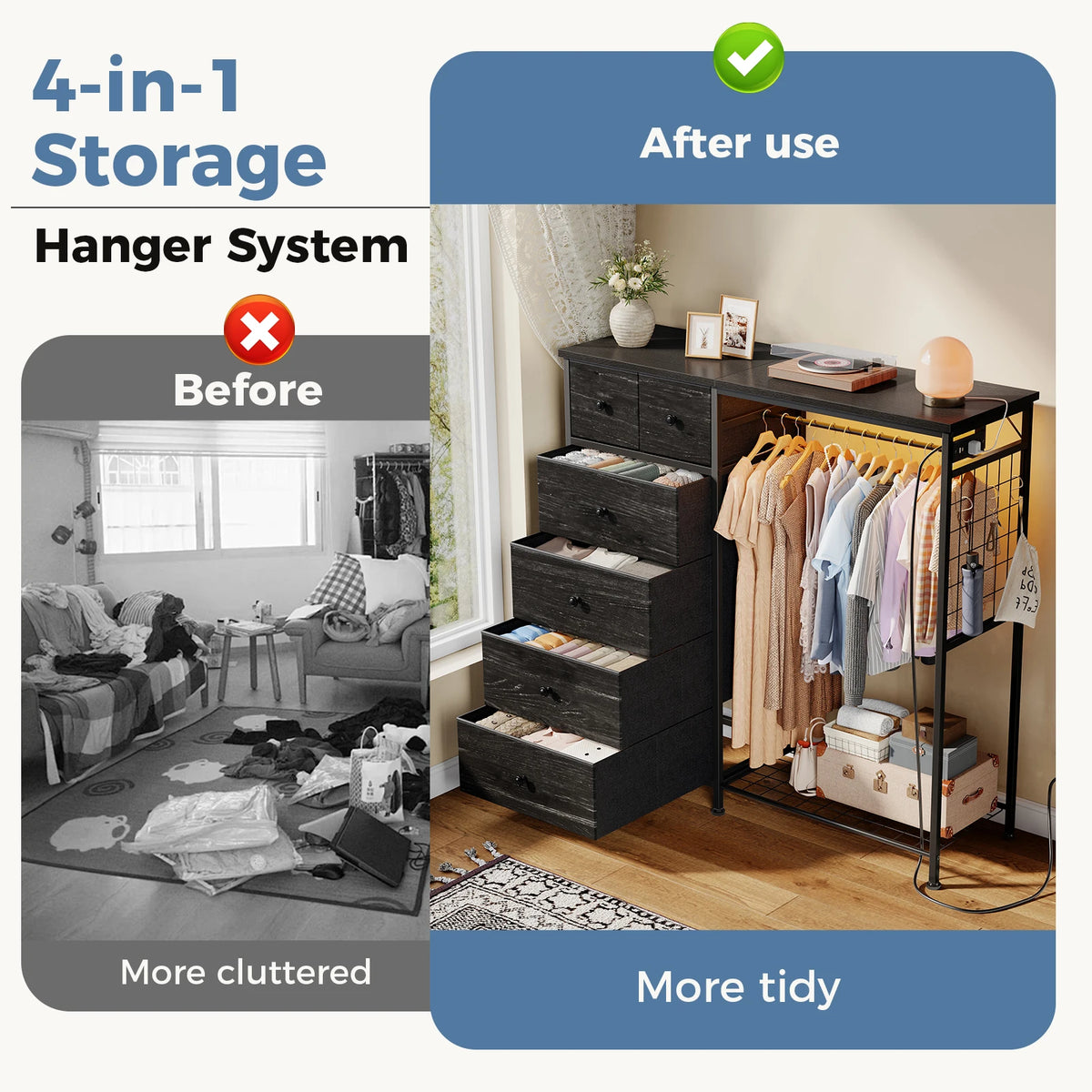 JHK 6 Drawer Fabric Dresser With LED Charging Station